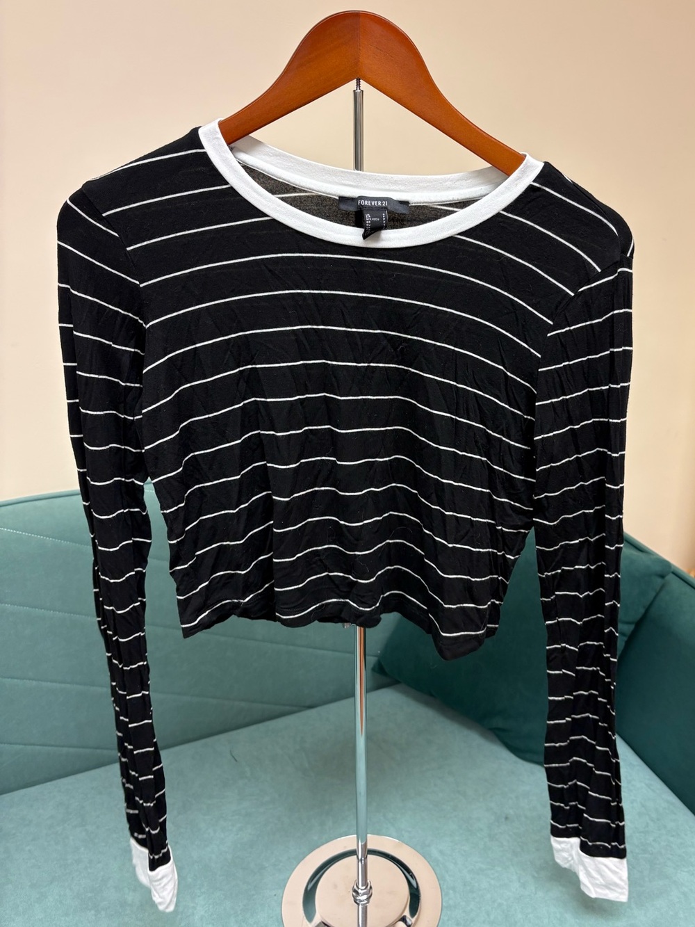 Forever 21 Black & White Striped Long Sleeve Crop Top with Contrast Trim